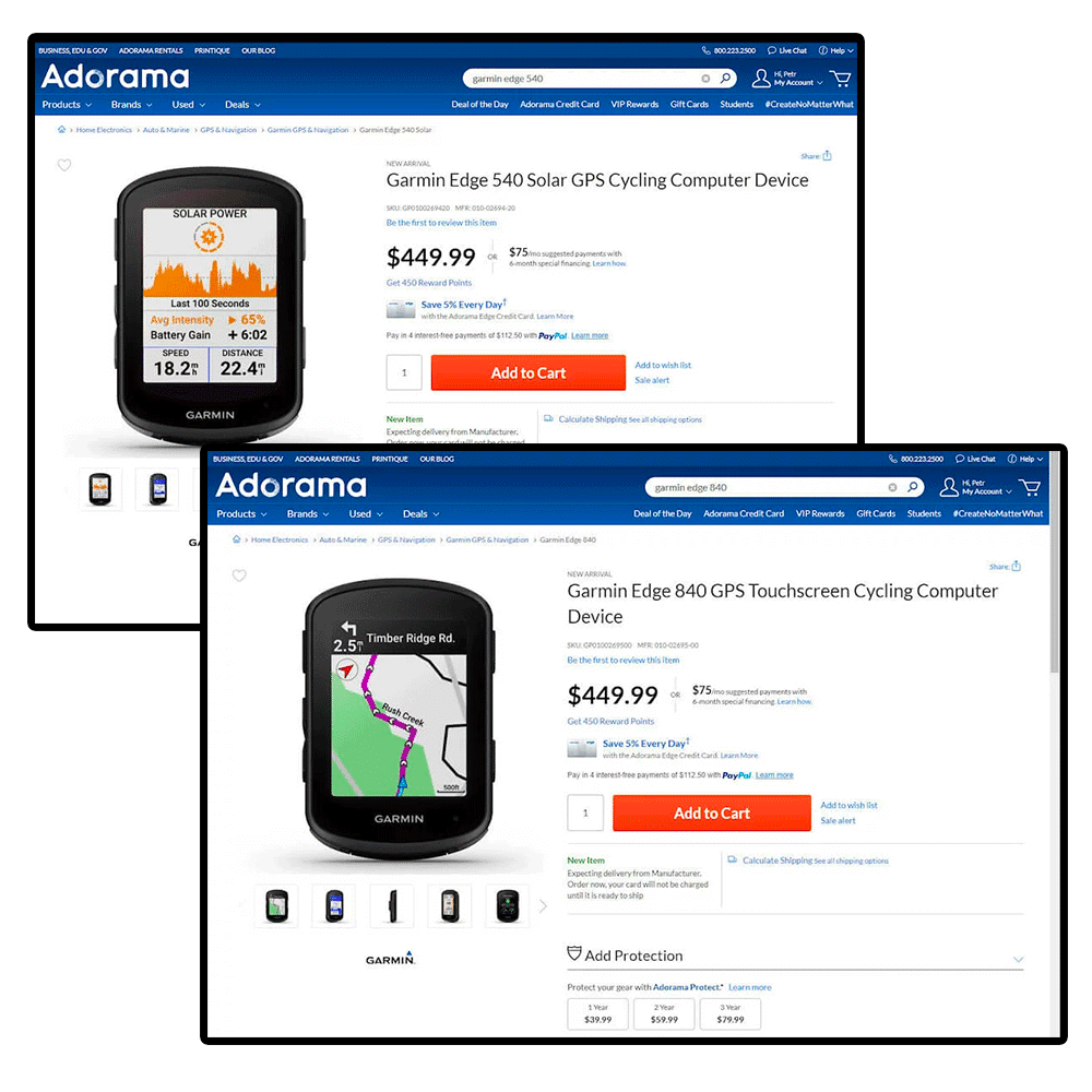 Captures d'écran des fiches produits du Garmin Edge 540 Solar et du Garmin Edge 840 sur adorama.com