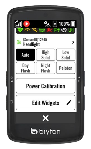 Menu des statuts rapides du Bryton Rider S810